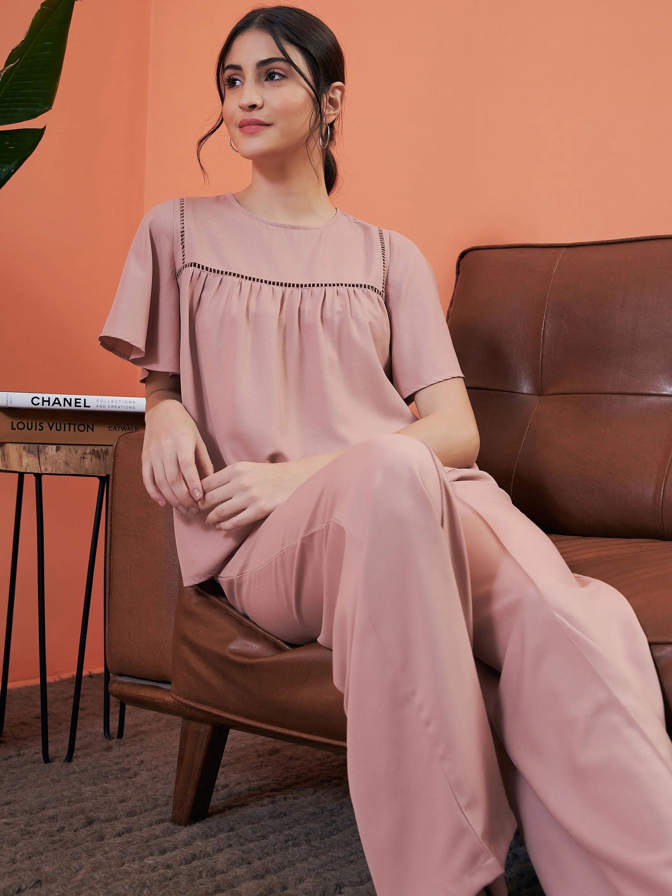 Women Pink Lace Insert Top With Lounge Pants Stylish Slim Trousers