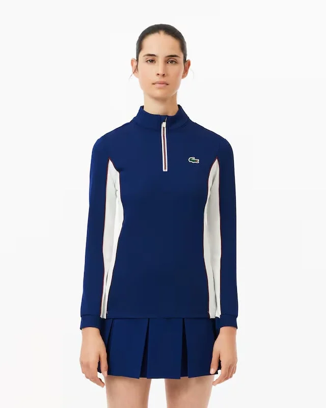 Women's Slim Fit Contrast Sleeve Tennis Sweatshirt-Navy Blue/White Hoodie with Zipper Placket Modern Functional