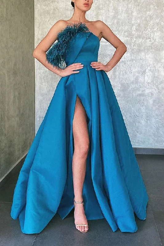 A Line Peacock Blue Satin Long Prom Dresses, Strapless Formal Evening Dresses DM1959 Tunics Exclusive limited