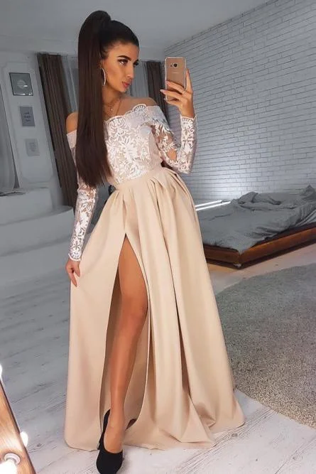 A-Line Off-the-Shoulder Long Sleeves Prom Dress with Lace Appliques Split DMN26 Tunics Canvas sturdy