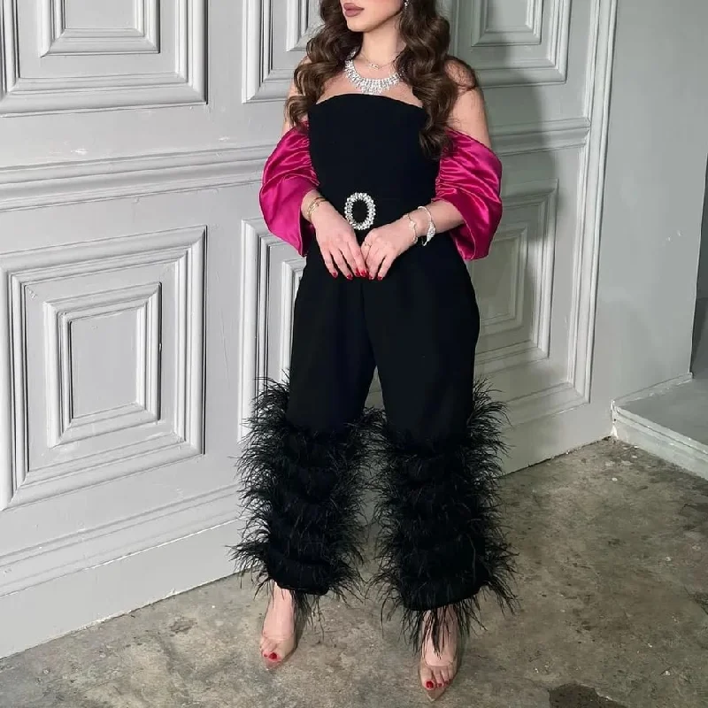Arabia Jumpsuit Party Evening Dresses Off-The-shoulder Sash Feather Ankle-Length Formal Occasion Dresses Vestidos 070639875