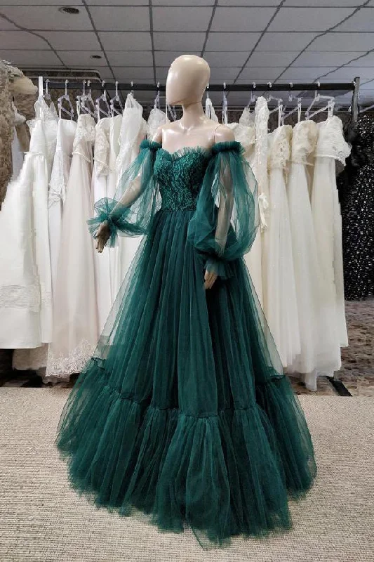 Puff Long Sleeves Off The Shoulder Lace Appliques Tulle Ball Gown Prom Dress DMP261 Tunics Chinos classic