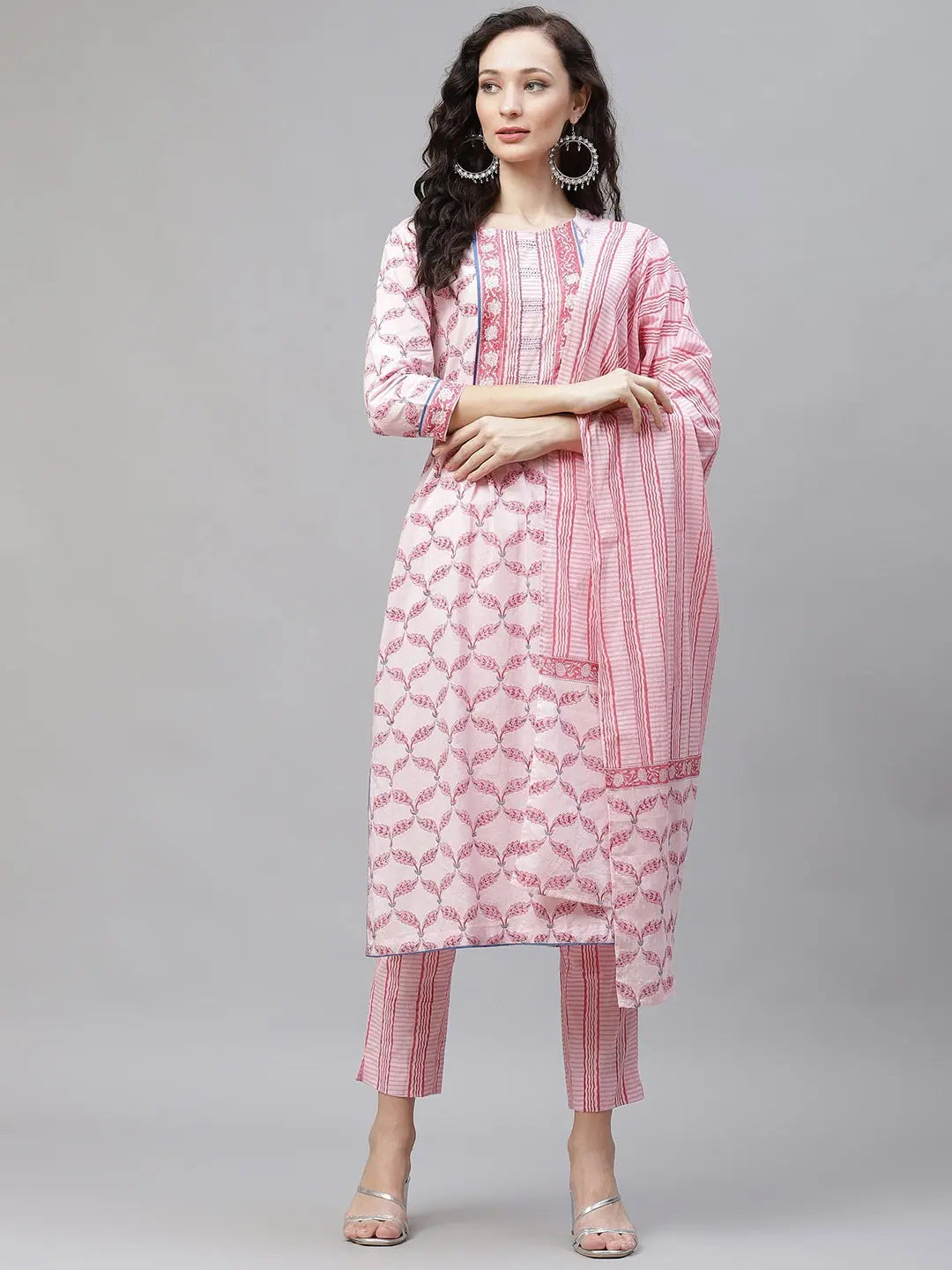Ahika Cotton Printed Kurta Pant Dupatta Set-VKSKD1130A_L Slim-Fit Khaki Pants