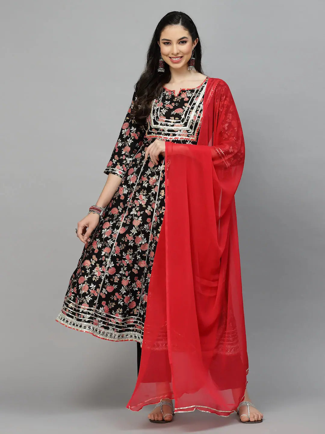 Women's Floral Printed Rayon Anarkali Kurta Pant Dupatta Set-KPDBLACKORCHID36 Casual Track Pants