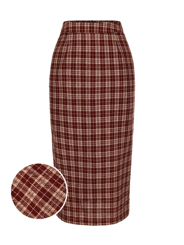 Red 1960s Plaid Back Slit Skirt breathable skirt fabric