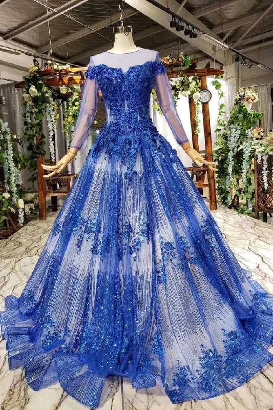 Charming Long Sleeve Tulle Royal Blue Applique Ball Gown Prom Dresses with Beads DMN74 Tunics Chinos classic