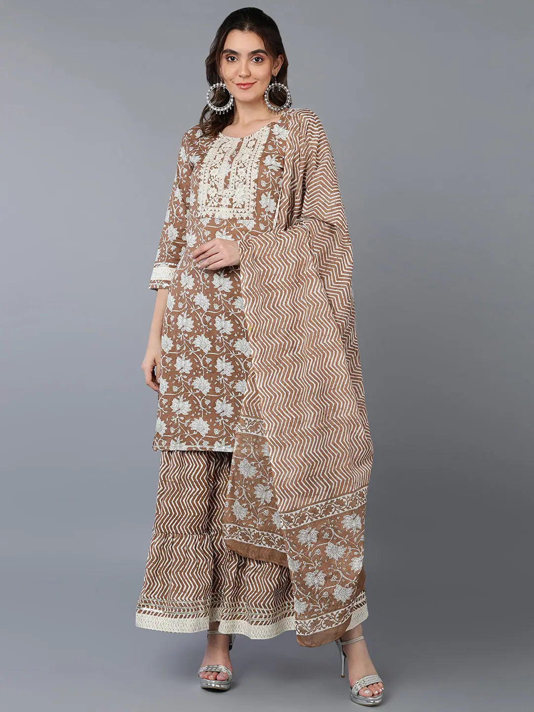 Cotton Beige Floral Printed Kurta Pant With Soft Stretch Pants
