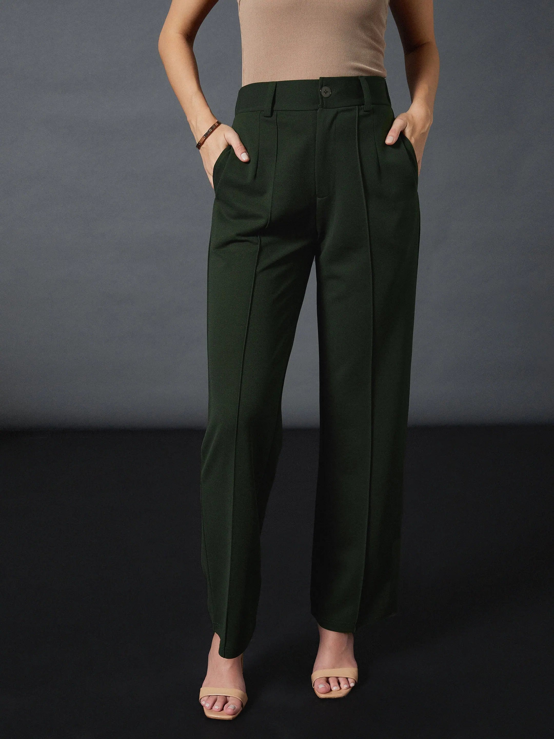Women Olive Front Darted Strechable Pants High-Waist Trousers