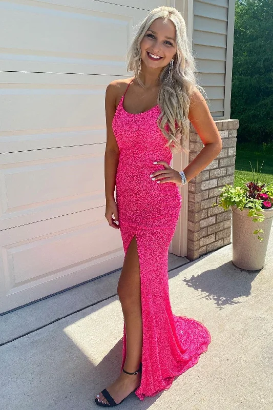 Glitter Hot Pink Mermaid Sparkly Prom Dresses with Slit, Long Evening Dresses DMP105 Tunics Review highly