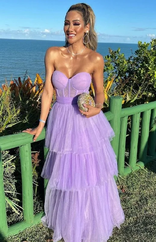 A Line Sweetheart Tulle Tired Long Purple Prom Dresses Evening Dresses DMP263 Tunics Modern contemporary
