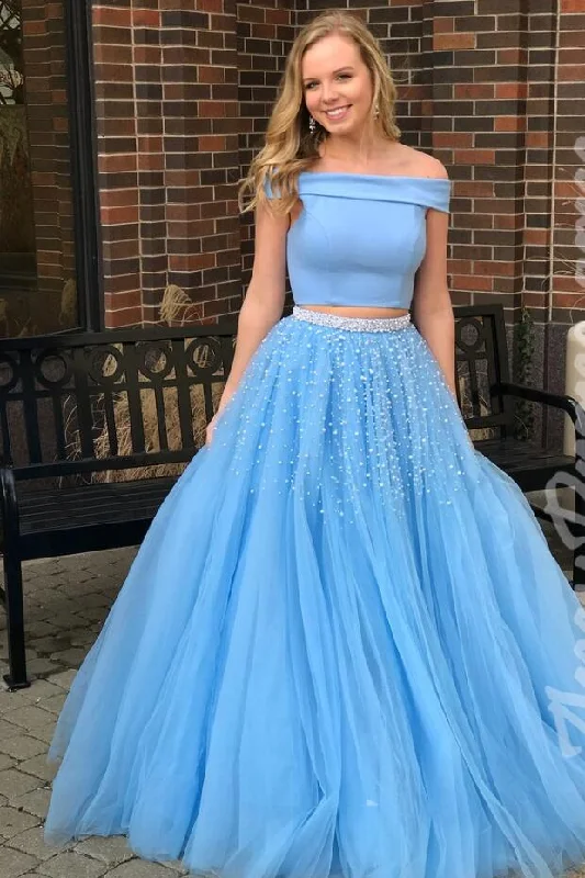 Sky Blue Tulle Two-piece Prom Gown with Pearls Skirt chiffon skirt airy