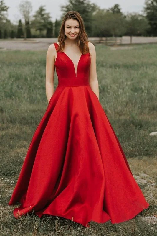 Simple A-line V-neck Satin Long Cheap Red Prom Dresses with Pocket DMN85 Tunics Designer luxury