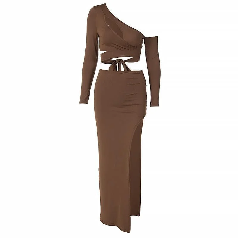 BerryBetty - Asymmetrical solid long sleeve self tie skirt set lace skirt feminine
