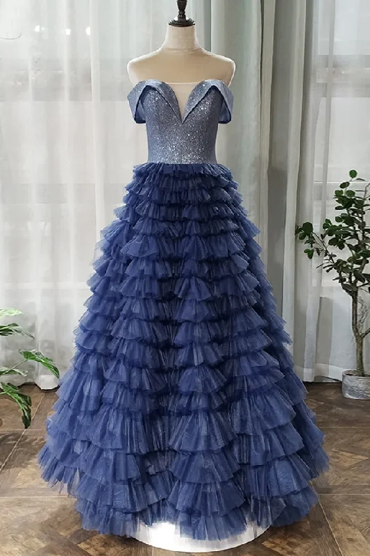 A-line Off-the-shoulder Royal Blue Long Prom Dresses Tulle Evening Dress DMS94 Tunics Stylish elegant