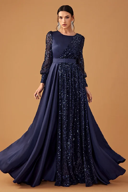 Glitter Sequins Navy A Line Long Prom Dress with Long Sleeves Tunics Custom made
