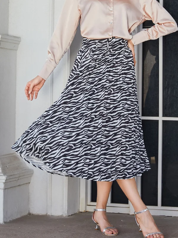 Animal Print Pleated Midi Skirt linen skirt airy