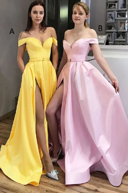 Simple A-line Satin Off the Shoulder Long Prom Dresses With Pockests DMP279 Bodycon Club Sequined