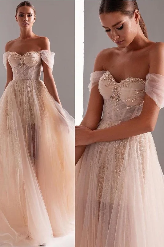 Off-the-shoulder Tulle Blush Prom Gown with Sequin Beads Skirt maxi skirt elegant