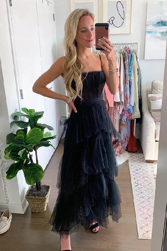 Black A Line Spaghetti Straps Tulle Long Prom Dresses With Ruffles DMP115 Tunics Mesh breathable