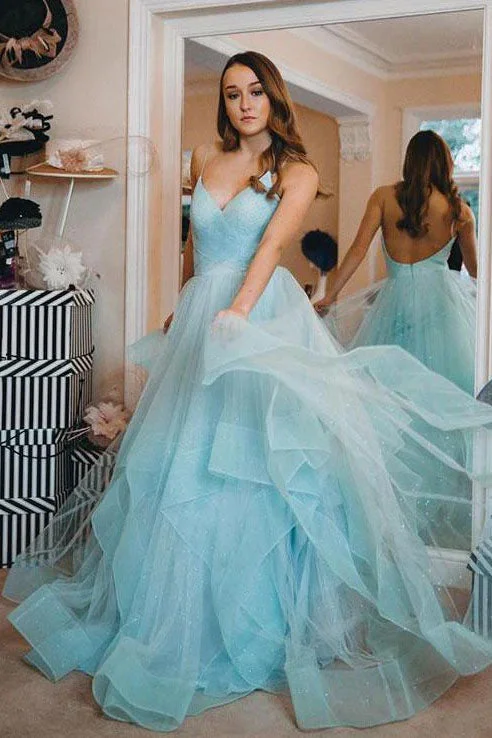 Light Blue Backless Prom Gown Spaghetti-straps Tulle Tiered Dance Dress DMP262 Tunics Denim casual