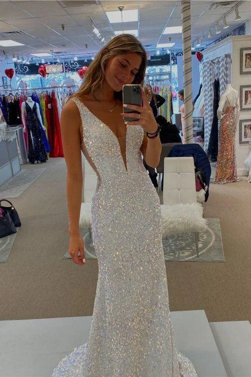 Sequins Mermaid Memraid Sexy Prom Dresses Deep V Neck Evening Dress DM1008 Tunics Party sparkling