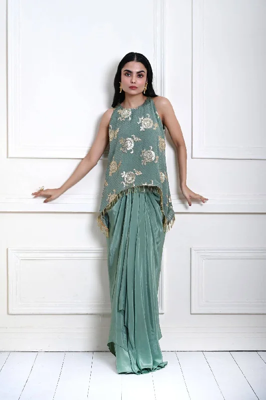 Sage Green Satin Drape Skirt with Embroidered Top seamless skirt comfort
