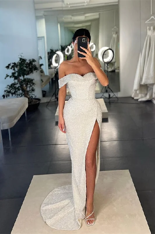 Mermaid Off White Off-the-Shoulder Sequins Prom Dress With Split DMP296 Tunics Modern contemporary