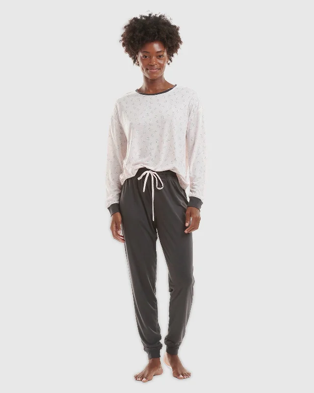 Charcoal Scratch Dot Pullover Jogger PJ Set Square Neck Pullover