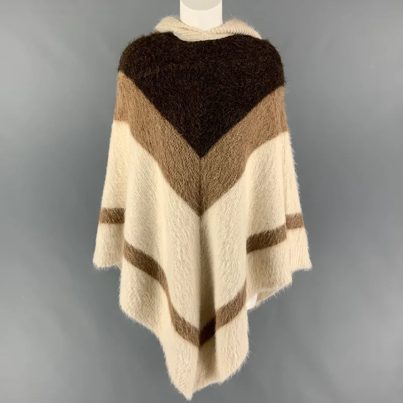 CELINE Size XS Cream Brown Alpaca Blend Color Block Poncho Sweater Stretchy Elastic Breathable
