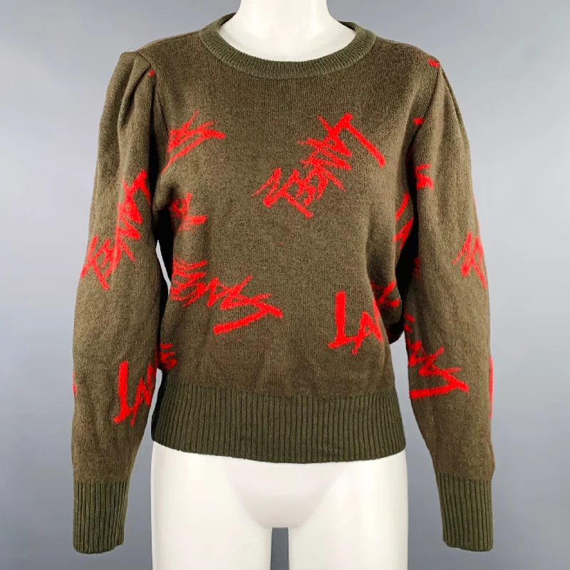 LANCEL Size M Red Olive Wool Blend Signature Print Knit Sweater Spandex Rayon Corduroy