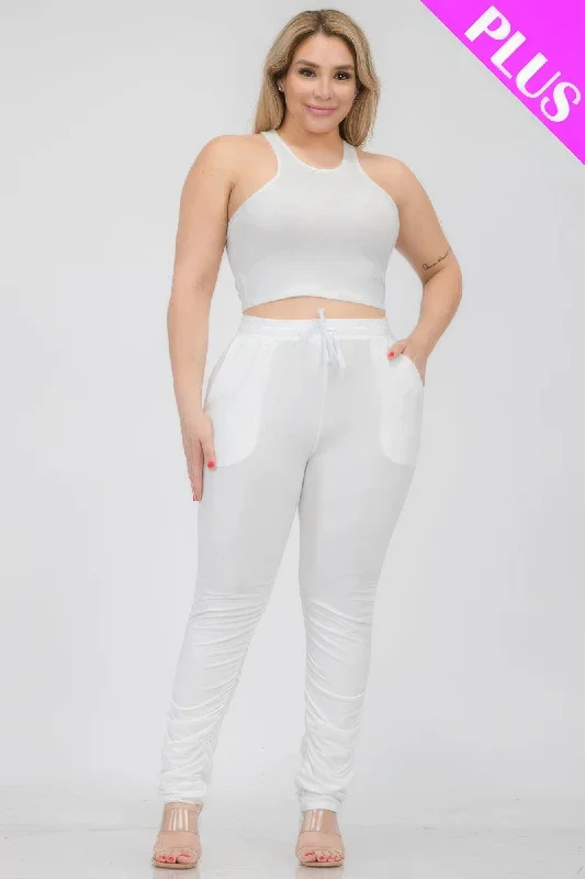 Plus Size Crop Tank Top & Ruched Pants Set bronze tank top