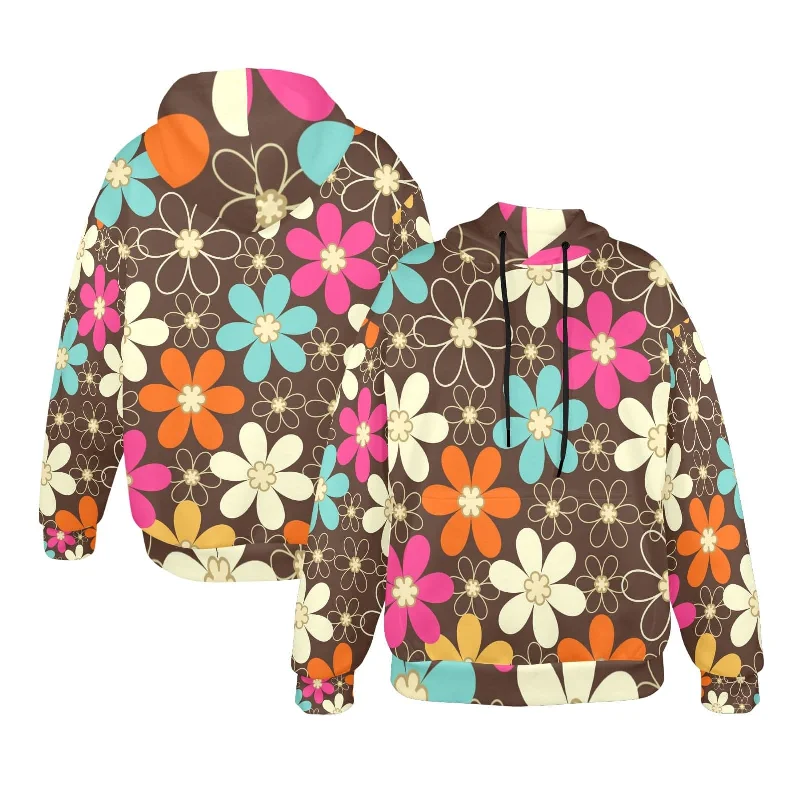 60s Flower Power Hoodie, Retro Floral Pullover, Vibrant MCM Fashion Spaghetti Sleeve Top