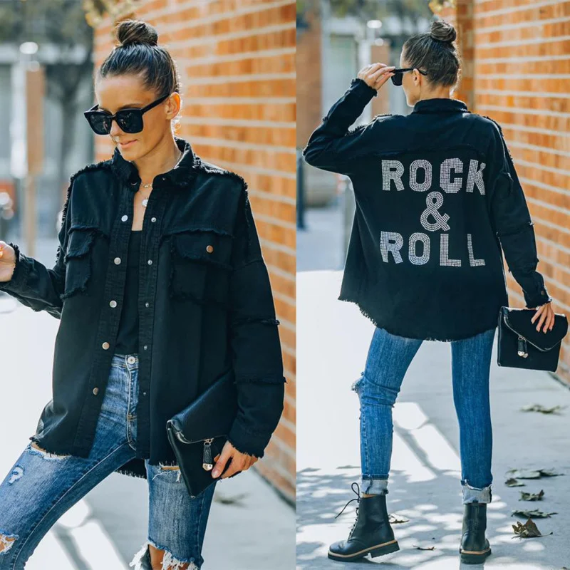 Women Fashion Casual Punk Vintage Letter Pattern Washed Loose Black Denim Jacket Anorak Shell Jacket Lightweight Jacket