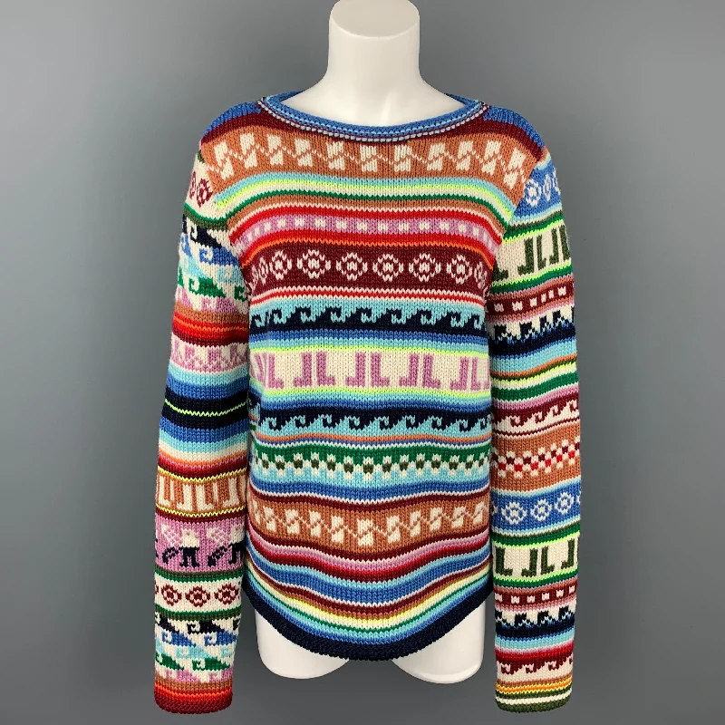 LANVIN Size L Multi-Color Jacquard Pattern JL Wool / Polyester Boat Neck Sweater Boxy Sweater Fitted Sweater A-Line