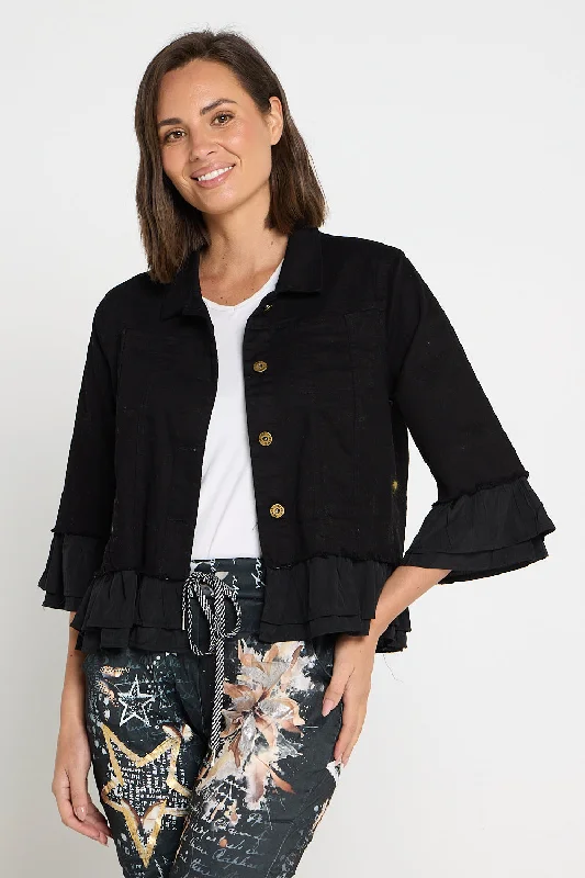 Leelah Cropped Ruffle Denim Jacket - Black Front Pockets Side Pockets Patch Pockets