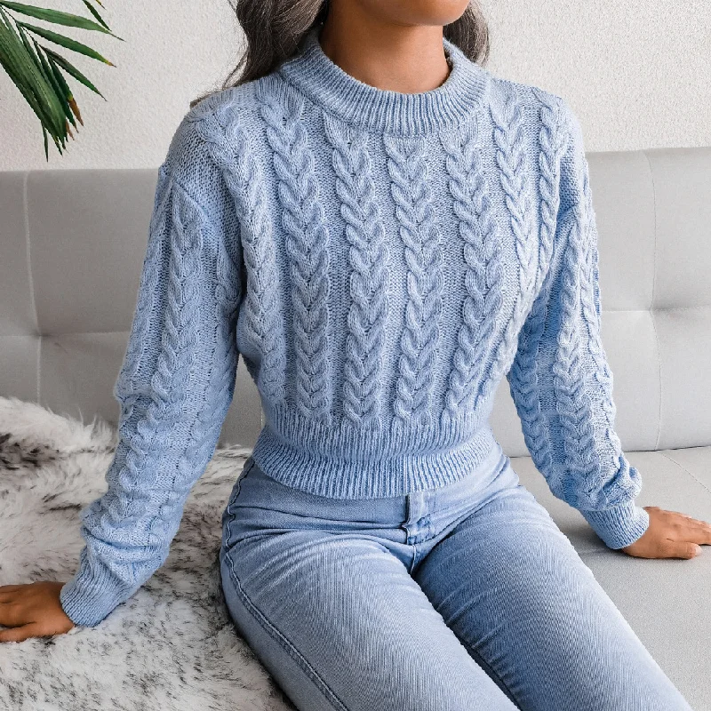 Fashion Casual Autumn Winter Solid Color Braided Long Sleeve Cropped Knitted Sweater High Neck Crew Neck V-Neck