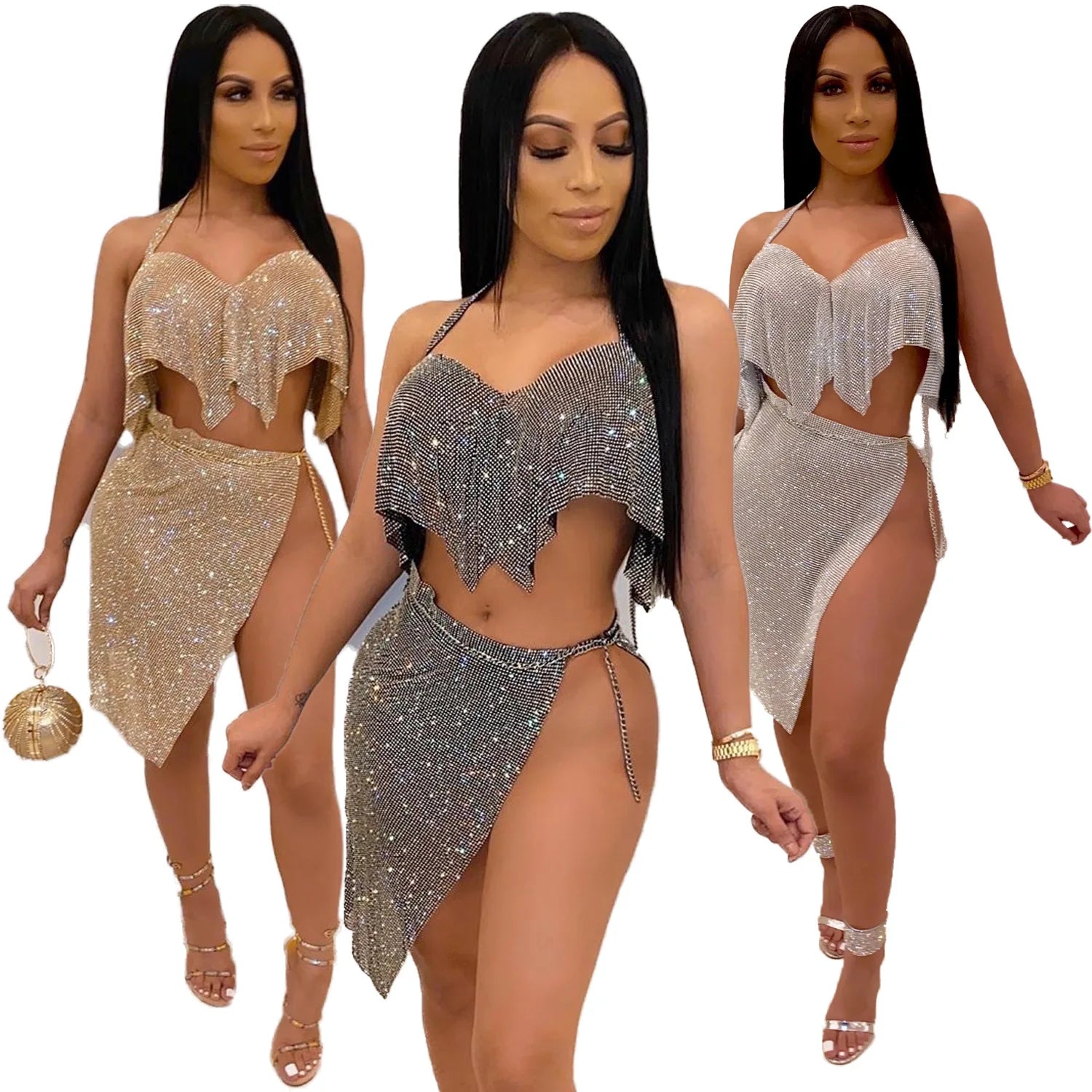 Pullover halter top bright silk chain skirt party suit two-piece female casual sequined two-piece skirt High Neck Pullover
