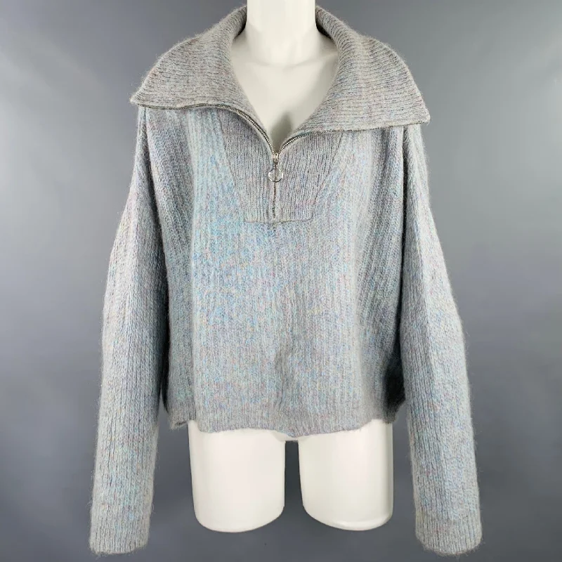 ISABEL MARANT Size 8 Blue Grey Mohair Blend 1/2 Zip Sweater Real Fur Shearling Chenille