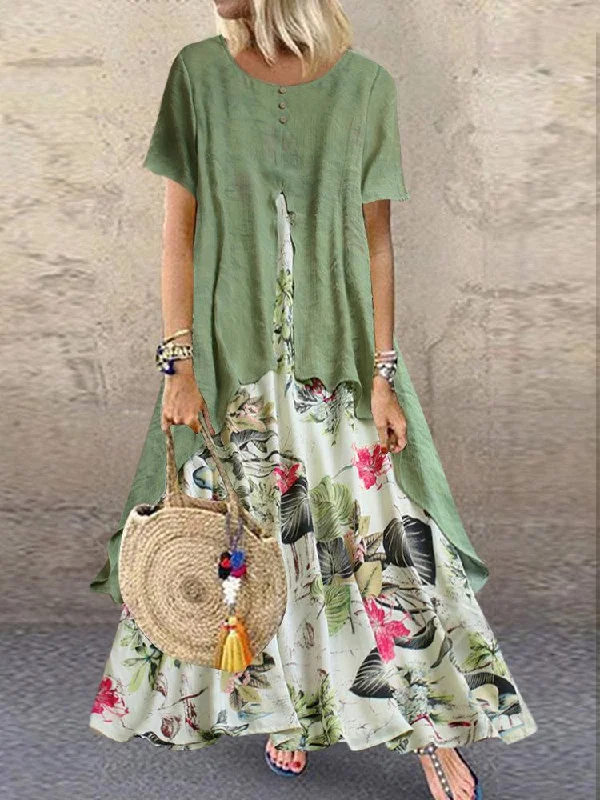 Flax Ditsy Print Pullover Fake Two-Piece Maxi Dress Long Bell Sleeve