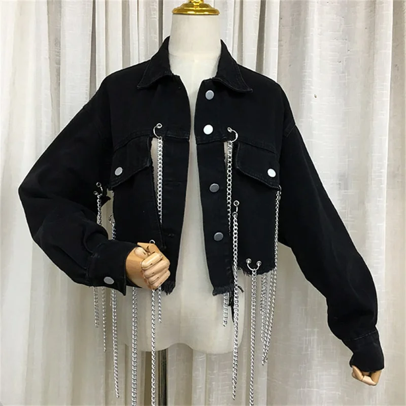 Women Edgy Long Chain Cut Out Denim Jacket Fleece Jacket Down Jacket Parka