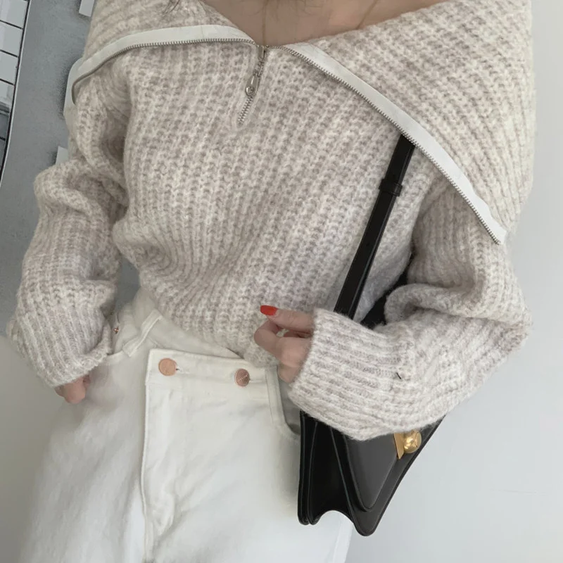 Women Fashion Winter Lapel Zipper Knitted Sweater Solid Color Striped Floral Print