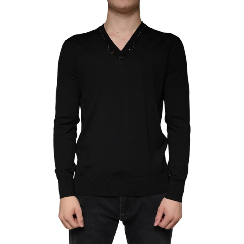 Dolce & Gabbana Black Embellished V-neck Pullover Sweater Short Puff Sleeve
