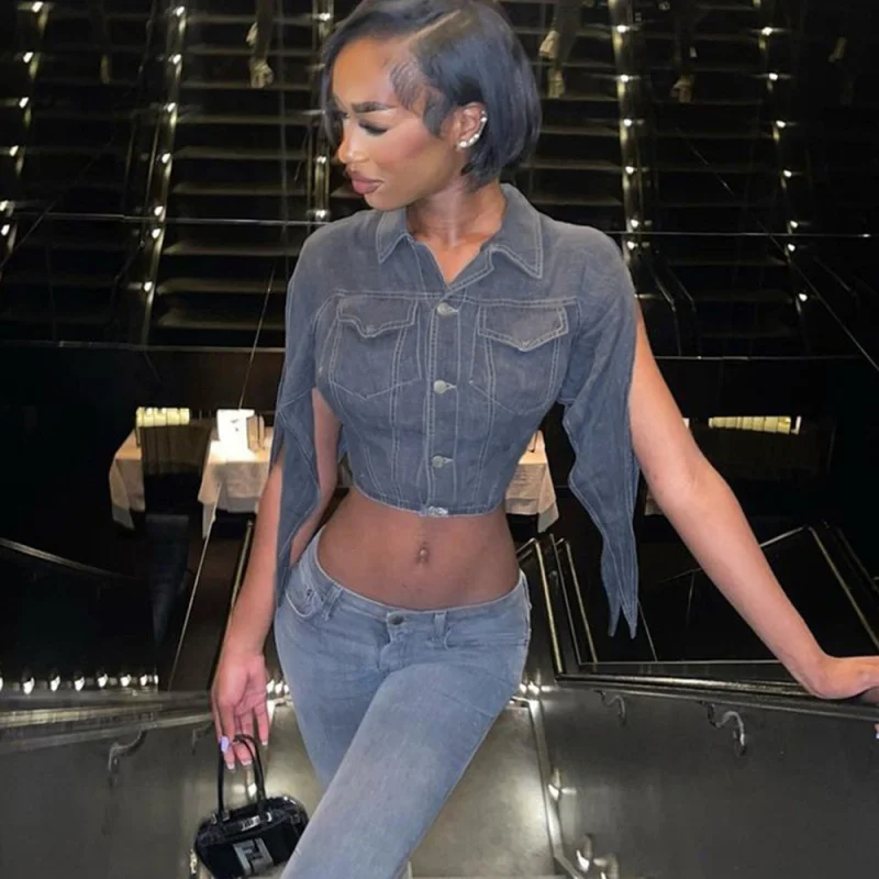 Women Fashion Lapel Button Slit-Sleeve Cropped Denim Jacket Fleece Fabric Down Fabric Feather Fabric
