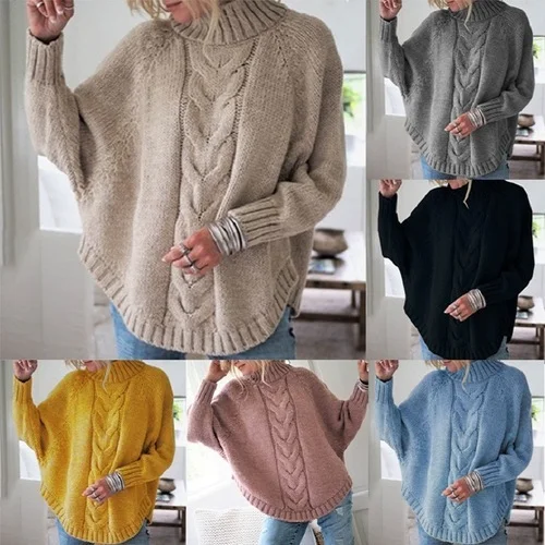 Women Casual Loose Winter Solid Color Half Turtleneck Knitted Sweater Seamless Knitted Crochet