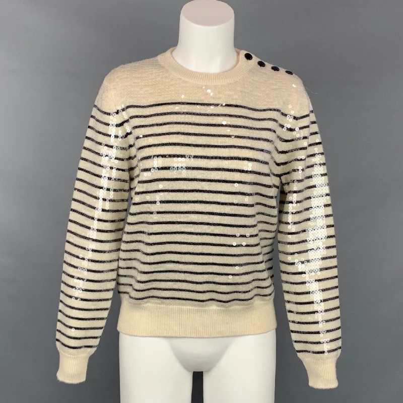 CELINE Size S Cream Sequined Striped Wool Marin Sweater Wool Sweater Cotton Sweater Cashmere Sweater