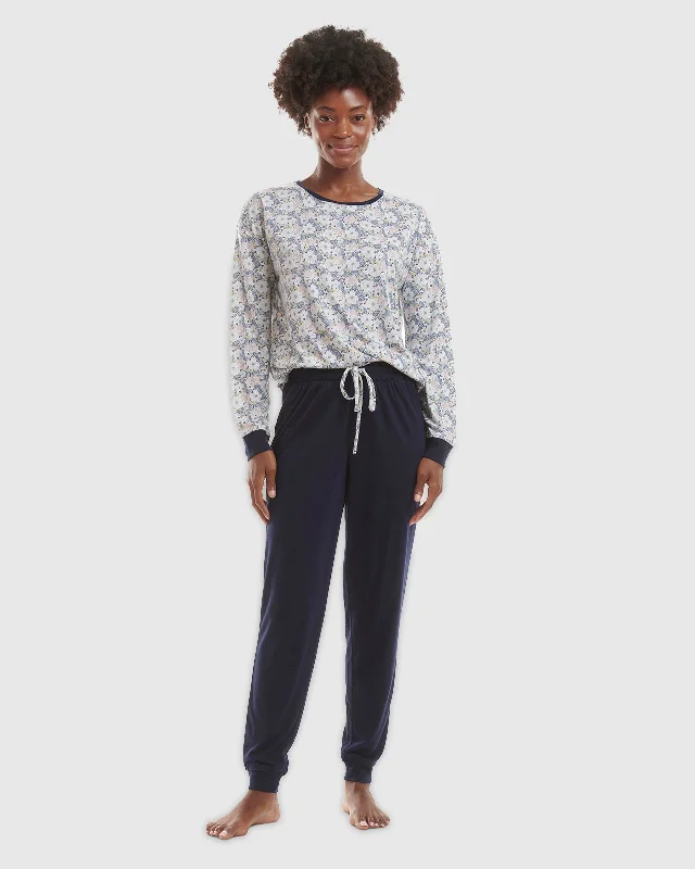 Navy Floral Pullover Jogger PJ Set Turtleneck Warm Pullover