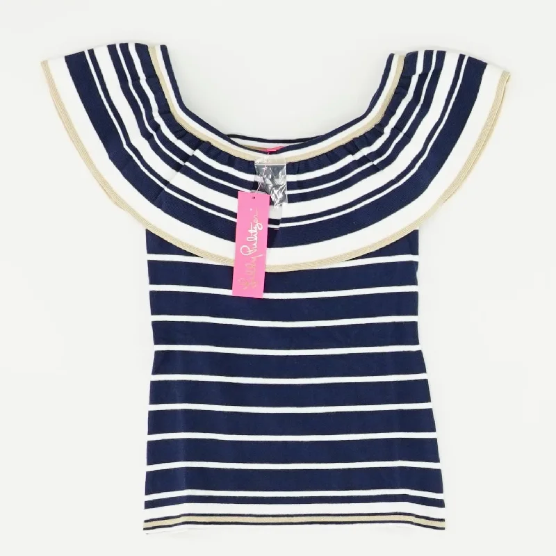 Navy Striped Pullover Sweater Short Sleeve Top