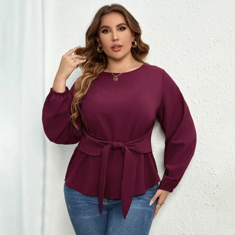 Fashion Women Casual Solid Color V-Neck Long-Sleeved Bowknot Round Neck Pullover Blouse One Shoulder Top