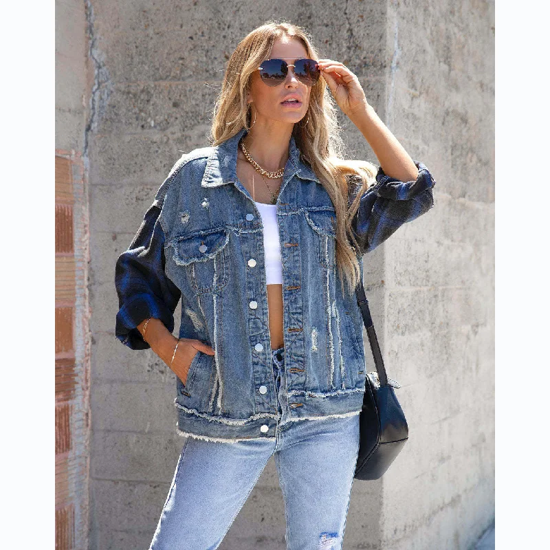 Autumn Winter Street Fashion Style Women Casual Long Sleeve Denim Jacket Coat Tailored Jacket Straight Jacket A-Line Jacket