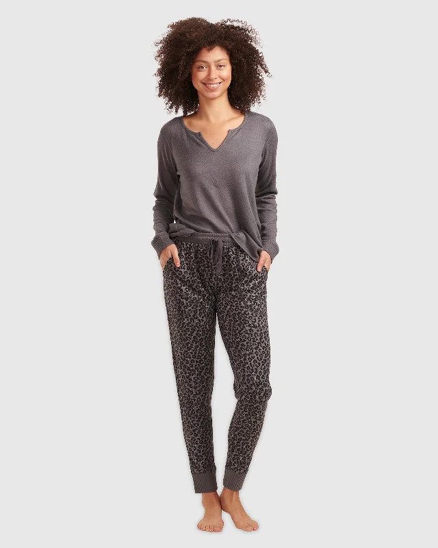 Charcoal Animal Print Split Neck Pullover PJ Set Cable Knit Chunky
